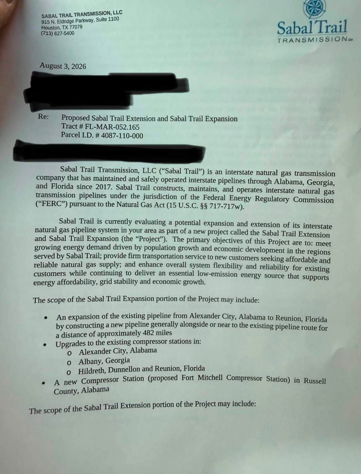 Re: Proposed Sabal Trail Extension and Sabal Trail Expansion, 2026-08-03 --Sabal Trail Transmission