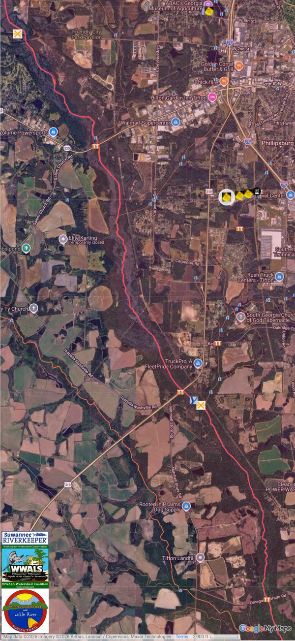 [Map: Willow Creek to Tanzer Creeek to Little River, 1103 Golden Road West, Tifton GA, Sewage Spill 2026-08-07 --WLRWT]