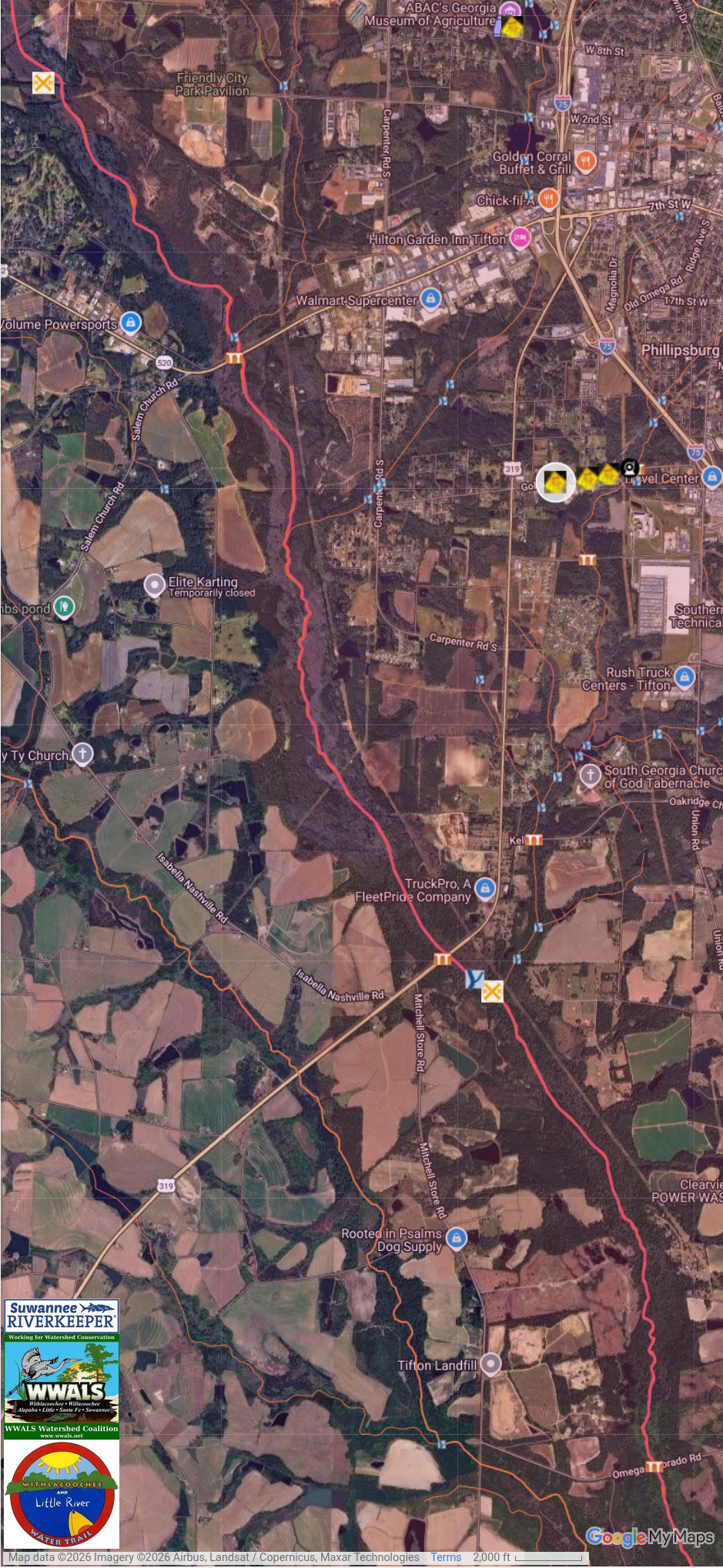 Map: Willow Creek to Tanzer Creeek to Little River, 1103 Golden Road West, Tifton GA, Sewage Spill 2026-08-07 --WLRWT
