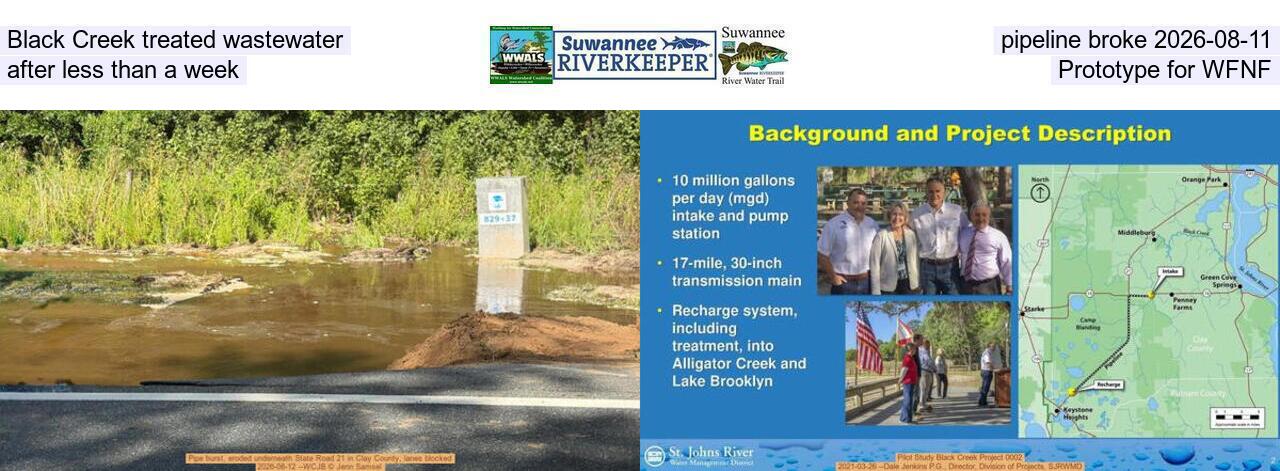Black Creek treated creek water pipeline broke 2026-08-11, after less than a week, Prototype for WFNF