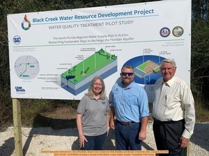 [District Executive Director Dr. Ann Shortelle, Board Vice Chairman Rob Bradley and Board Chairman Gen. Douglas Burnett 2021-03-26 --SJRWMD at today’s kickoff of the Black Creek Water Quality Treatability Pilot Study.]