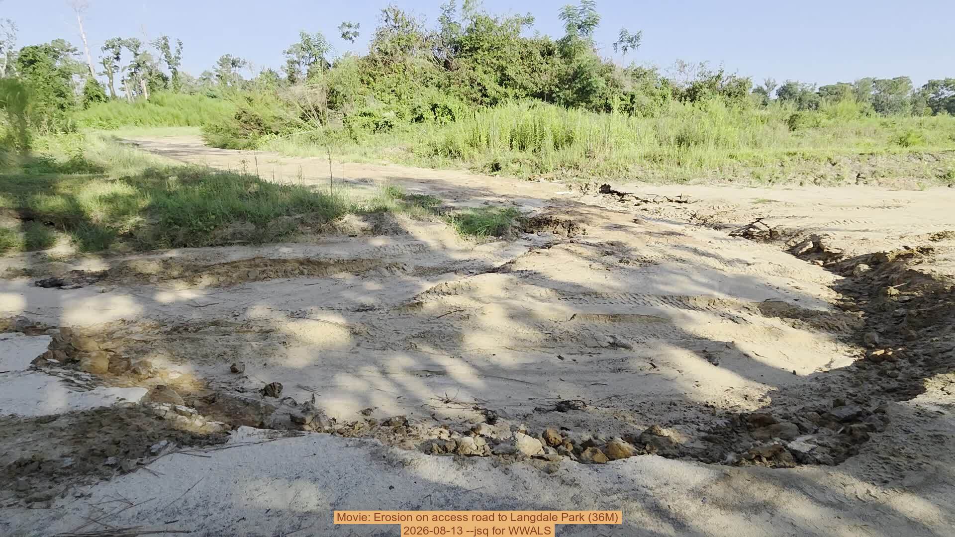 Movie: Erosion on access road to Langdale Park (36M), 2026-08-13 --jsq for WWALS