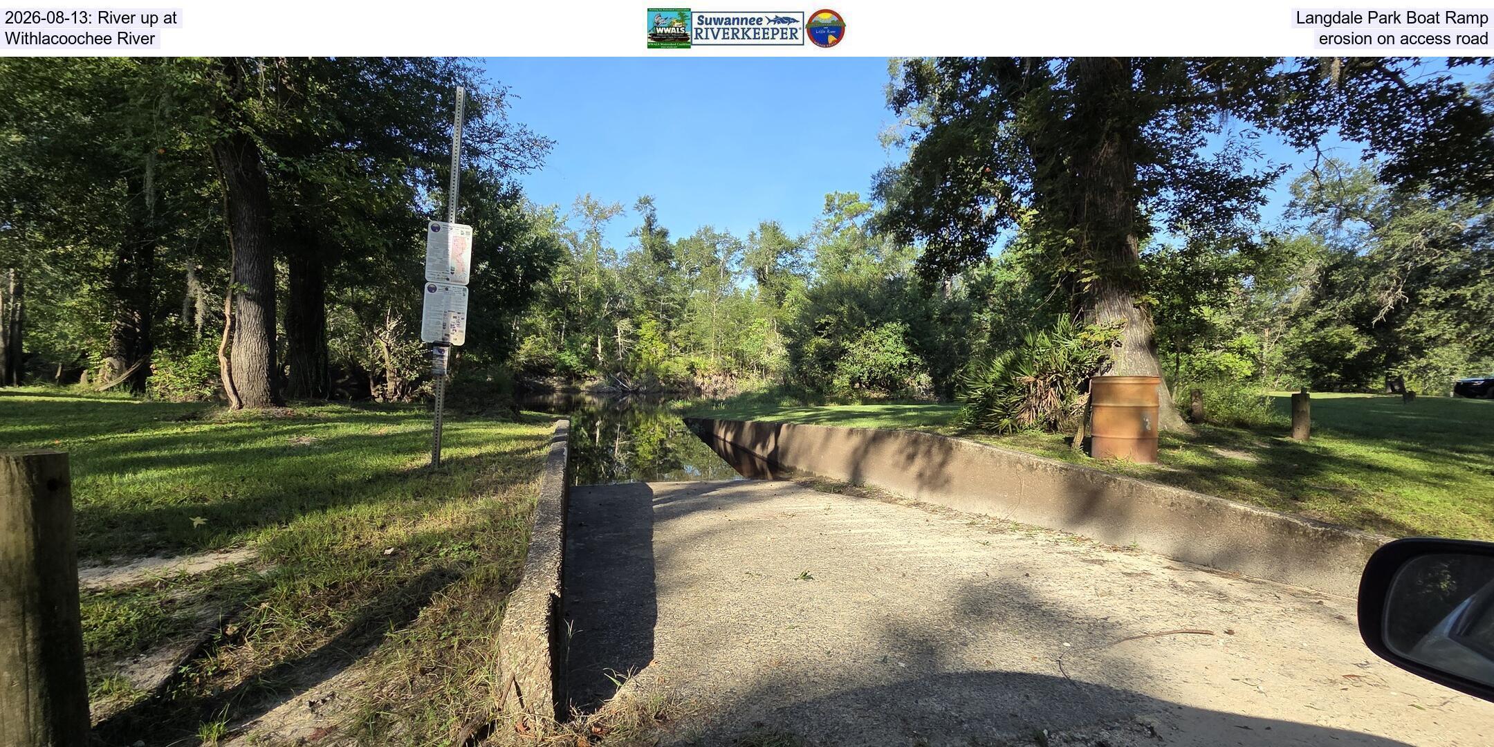 2026-08-13: River up at Langdale Park Boat Ramp, Withlacoochee River, erosion on access road