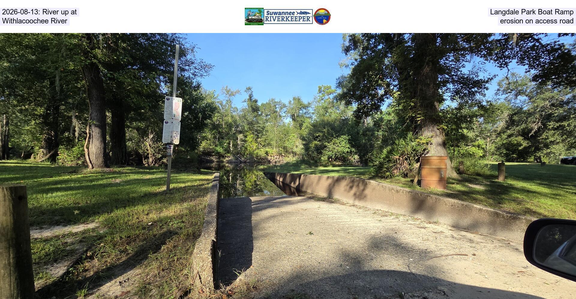 2026-08-13: River up at Langdale Park Boat Ramp, Withlacoochee River, erosion on access road