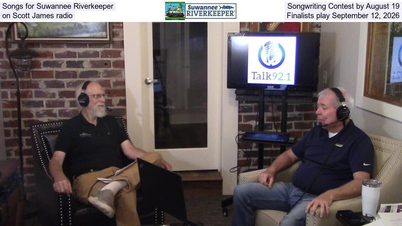 Songs for Suwannee Riverkeeper Songwriting Contest by August 19, on Scott James radio, Finalists play September 12, 2026