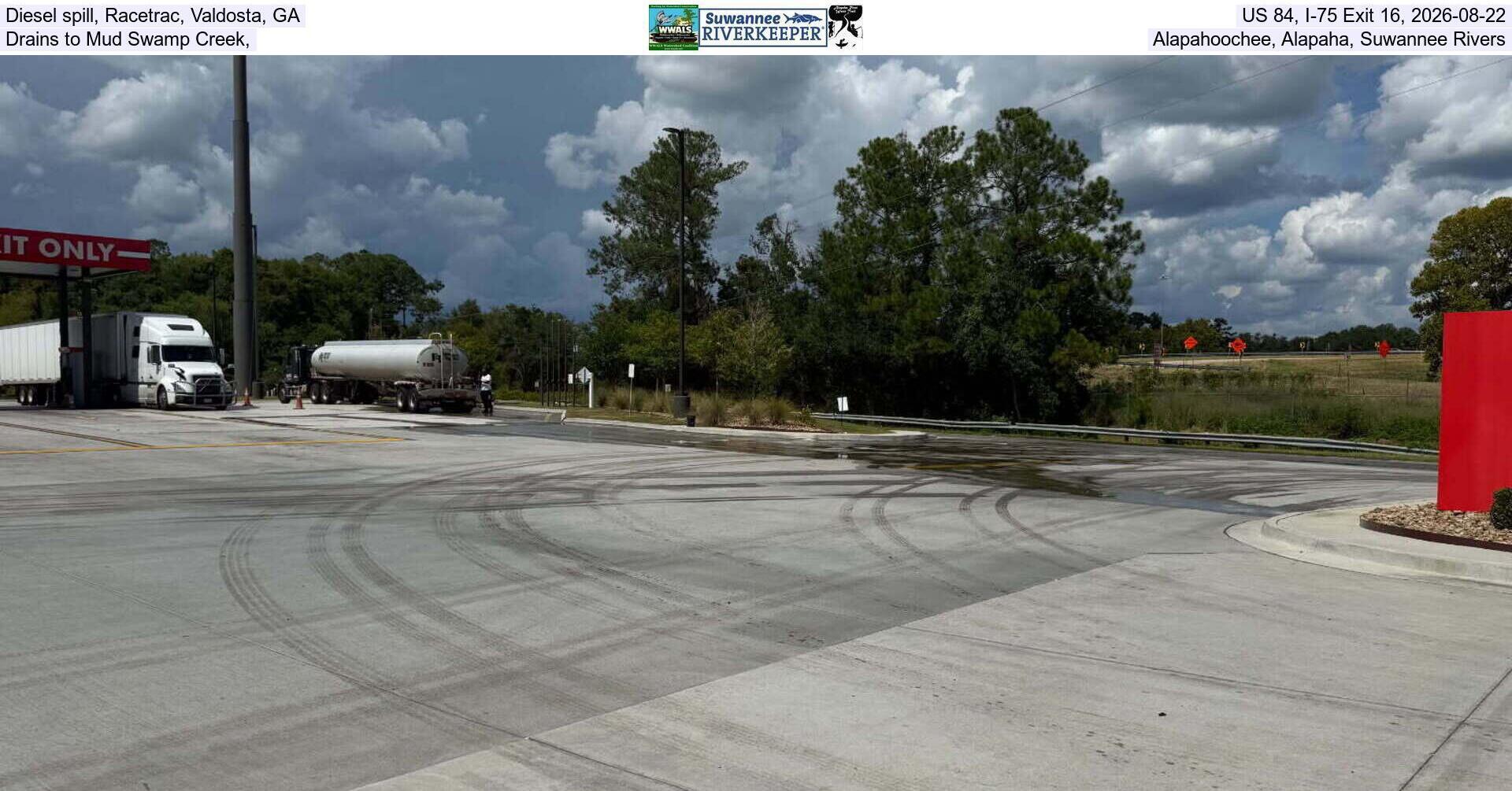 [Diesel spill, Racetrac, Valdosta, GA, US 84, I-75 Exit 16, 2026-08-22, Drains to Mud Swamp Creek, Alapahoochee, Alapaha, Suwannee Rivers]