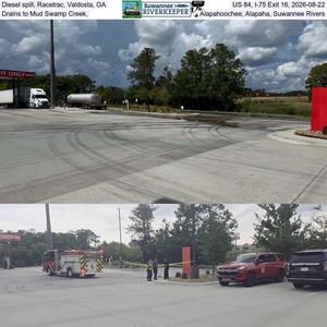 [Diesel spill, Racetrac, Valdosta, GA, US 84, I-75 Exit 16, 2026-08-22, Drains to Mud Swamp Creek, Alapahoochee, Alapaha, Suwannee Rivers]