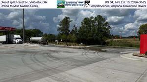 [Diesel spill, Racetrac, Valdosta, GA, US 84, I-75 Exit 16, 2026-08-22, Drains to Mud Swamp Creek, Alapahoochee, Alapaha, Suwannee Rivers]