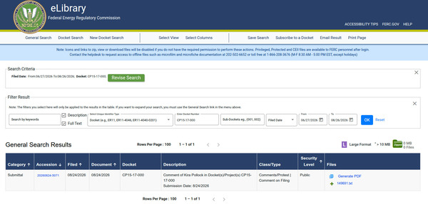 [Table: Kira Pollock comment in Docket CP-15-17-000, 2026-08-24 --FERC]