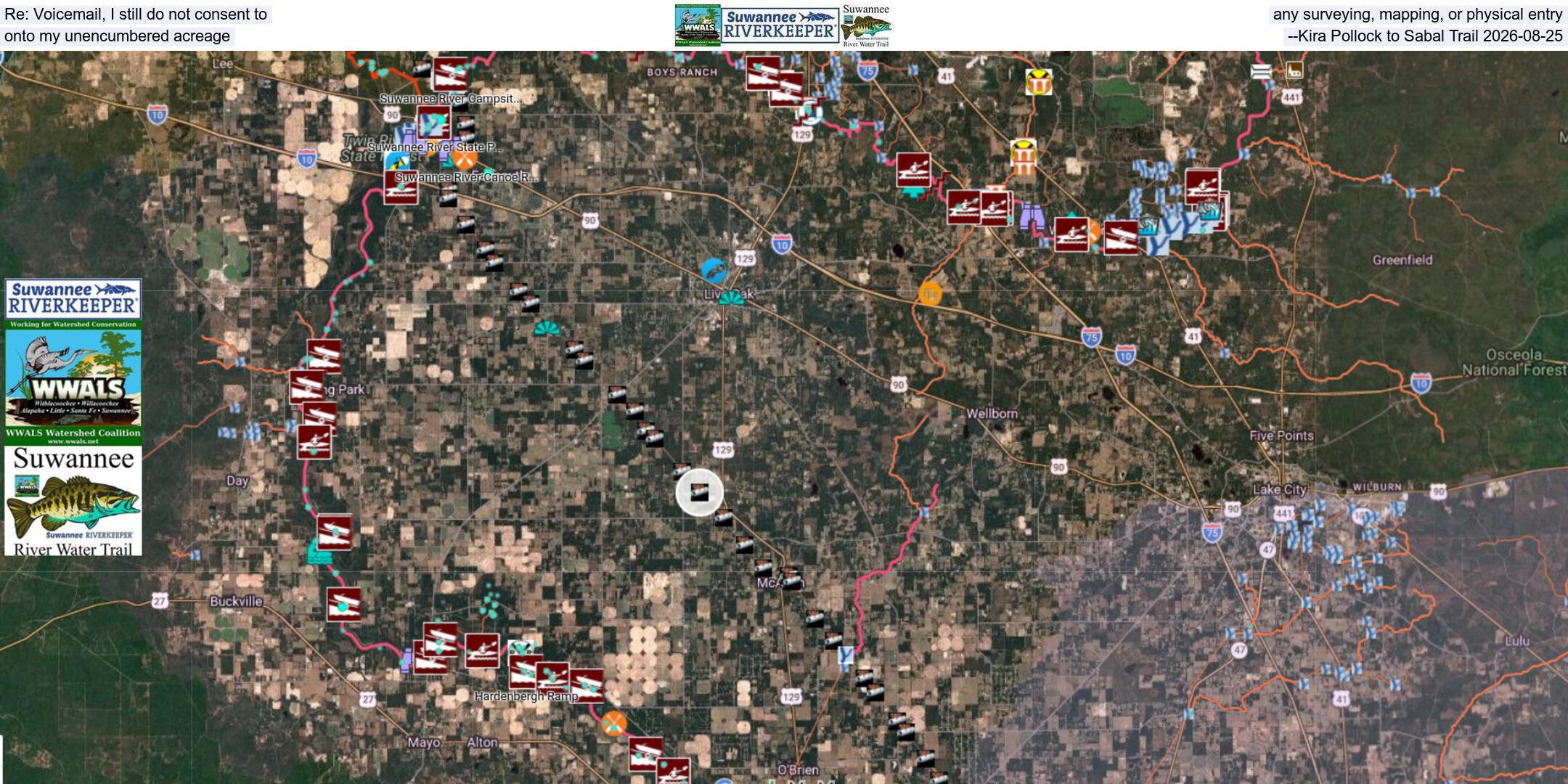 Re: Voicemail, I still do not consent to any surveying, mapping, or physical entry onto my unencumbered acreage --Kira Pollock to Sabal Trail 2026-08-25