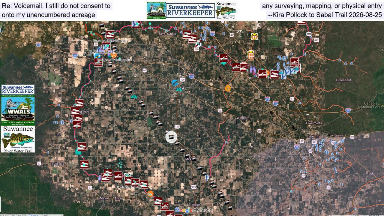 Re: Voicemail, I still do not consent to any surveying, mapping, or physical entry onto my unencumbered acreage --Kira Pollock to Sabal Trail 2026-08-25