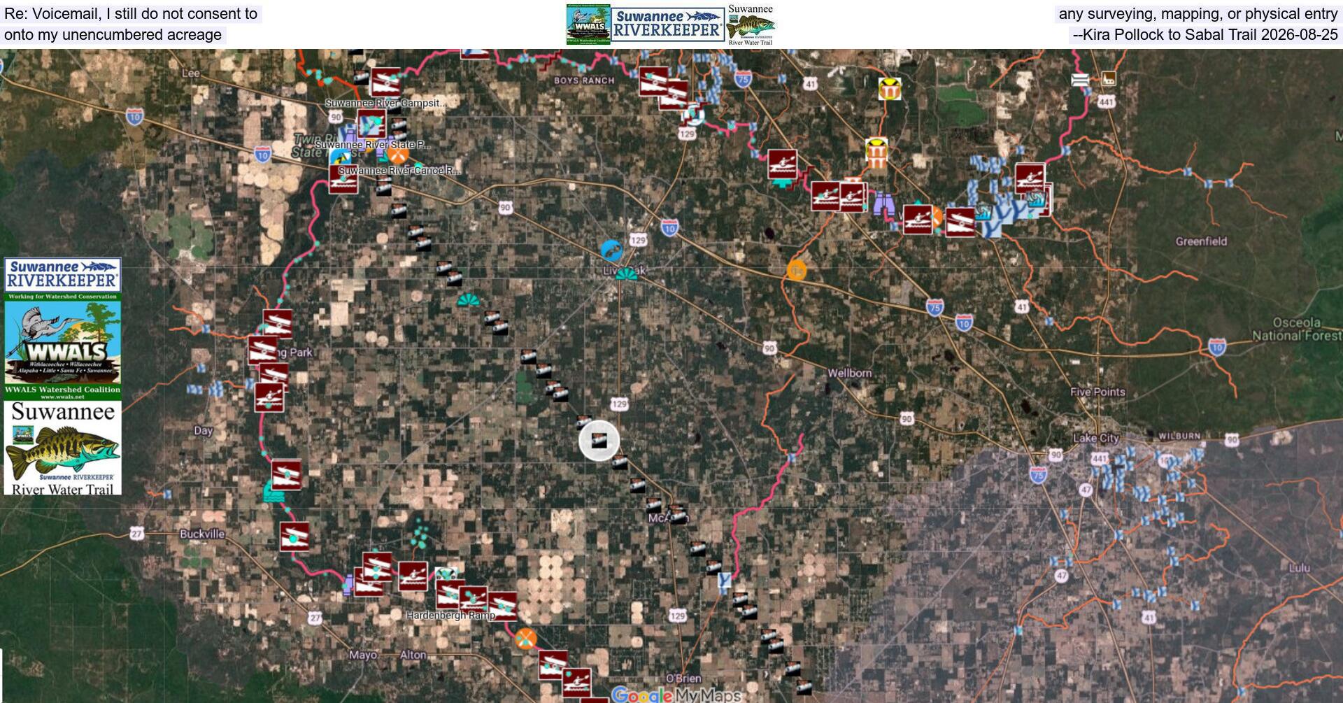 [Re: Voicemail, I still do not consent to any surveying, mapping, or physical entry onto my unencumbered acreage --Kira Pollock to Sabal Trail 2026-08-25]