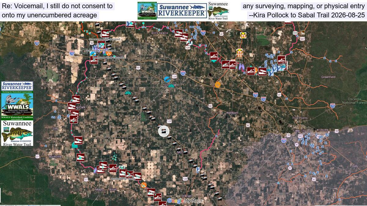 Re: Voicemail, I still do not consent to any surveying, mapping, or physical entry onto my unencumbered acreage --Kira Pollock to Sabal Trail 2026-08-25