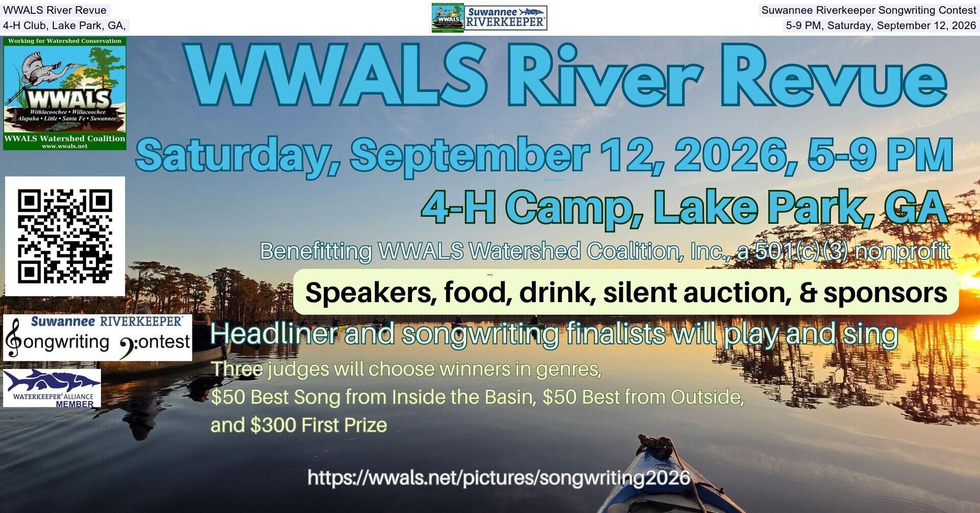 WWALS River Revue, Suwannee Riverkeeper Songwriting Contest, 4-H Club, Lake Park, GA, 5-9 PM, Saturday, September 12, 2026