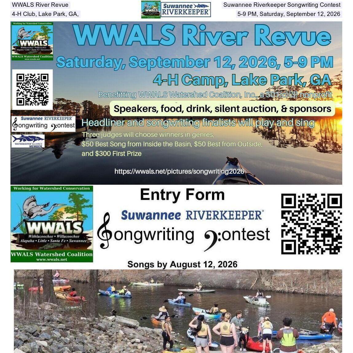 WWALS River Revue, Suwannee Riverkeeper Songwriting Contest, 4-H Club, Lake Park, GA, 5-9 PM, Saturday, September 12, 2026