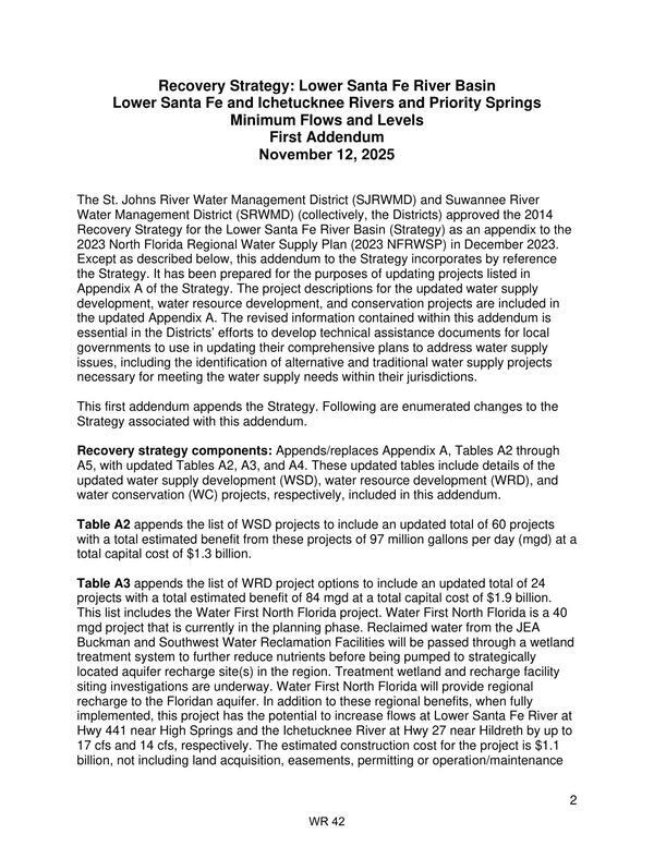 Recovery strategy components: Appends/replaces Appendix A, Tables A2 through AS, with updated Tables A2, A3, and A4. These updated tables include details of the updated water supply development (WSD), water resource development (WRD), and water conservation (WC) projects, respectively, included in this addendum.