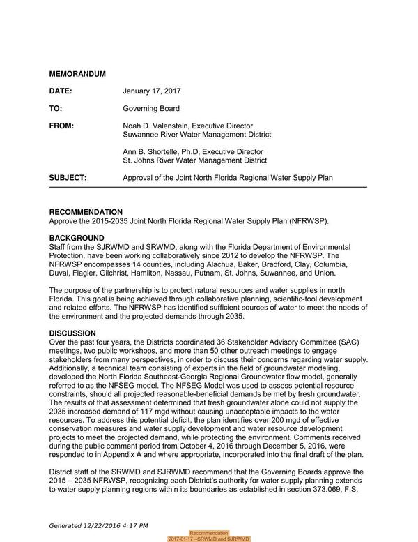 [Recommendation, 2017-01-17 --SRWMD and SJRWMD]