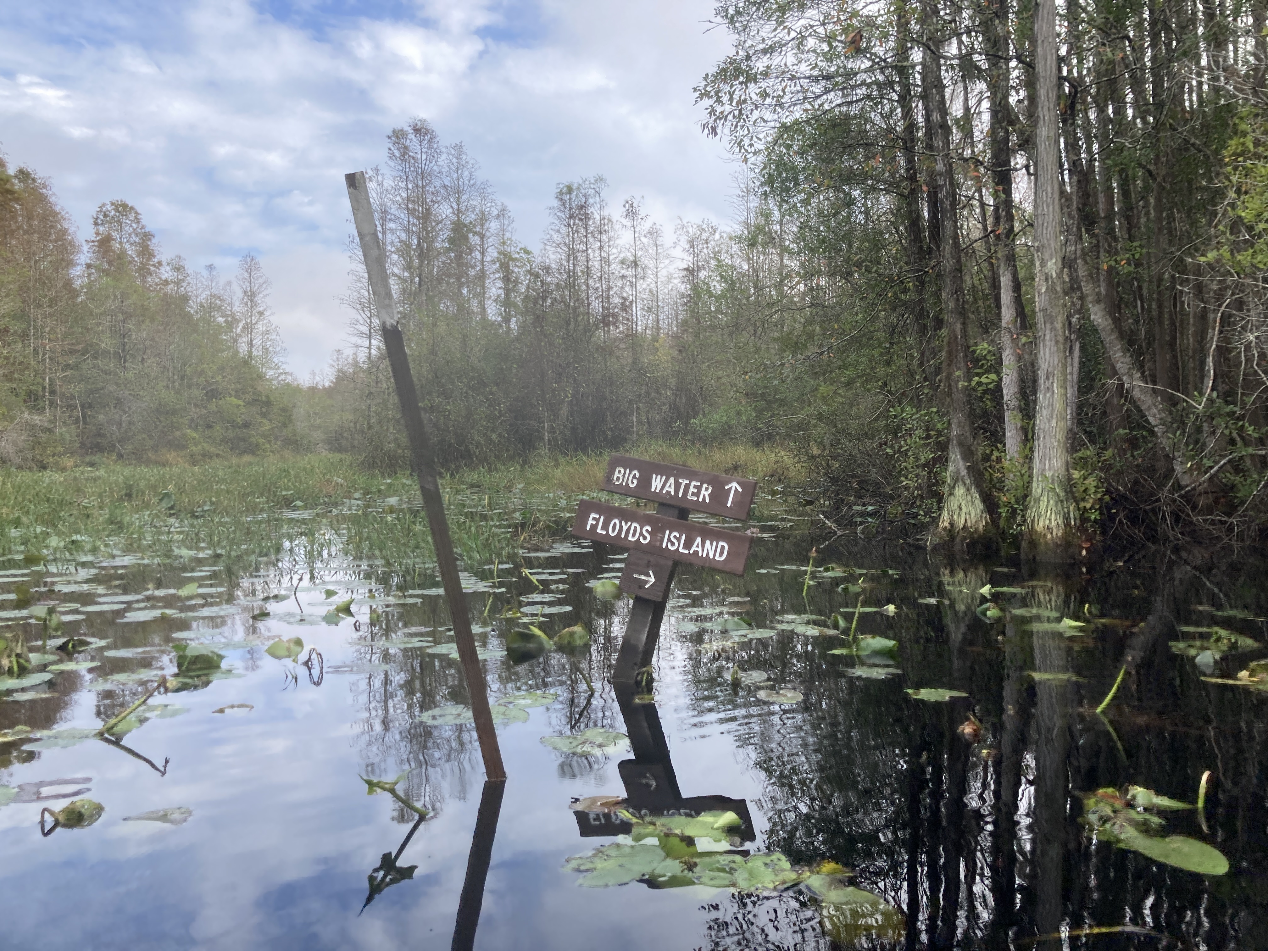 Big Water Floyds Island sign again --Gretchen Quarterman, 2024:11:11 09:53:35, 30.8754694, -82.3025361